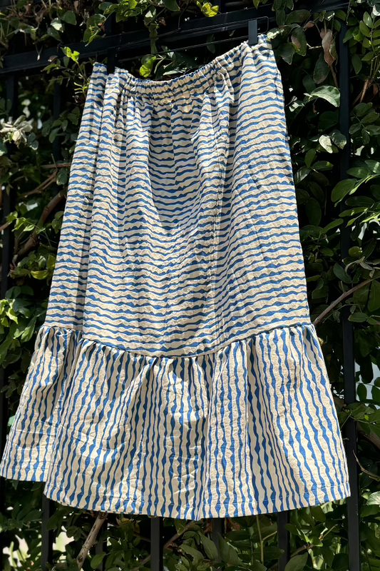 Blue & Off-White Striped Tiered Midi Skirt- Large